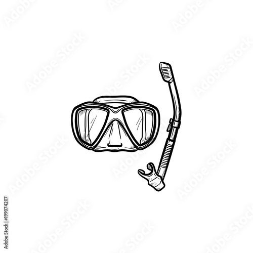 Mask and snorkel for swim in pool hand drawn outline doodle icon. Summer holiday equipment for swim in pool vector sketch illustration for print, mobile and infographics isolated on white background.