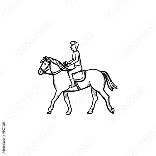Fototapeta Naklejka Na Ścianę i Meble -  Man riding horse with saddle hand drawn outline doodle icon