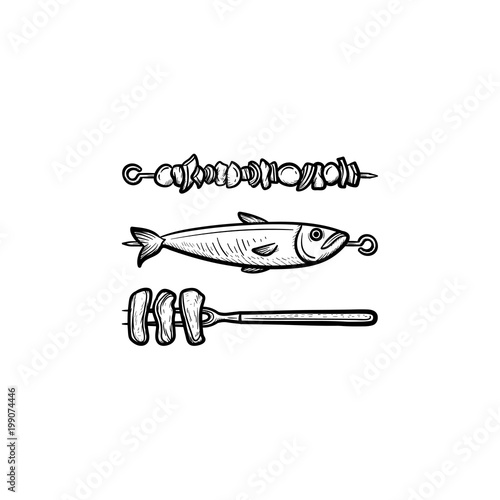 Skewer with shish kebab and grilled fish hand drawn outline doodle icon