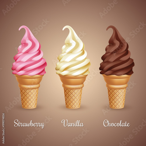 Set of realistic ice cream cones on beige background. Vector Illustration