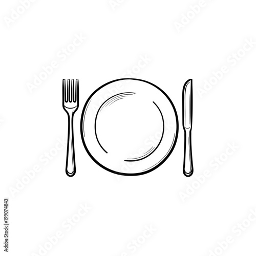 Plate with fork and knife hand drawn outline doodle icon. Dinnerware - plate with fork and knife vector sketch illustration for print, web, mobile and infographics isolated on white background.