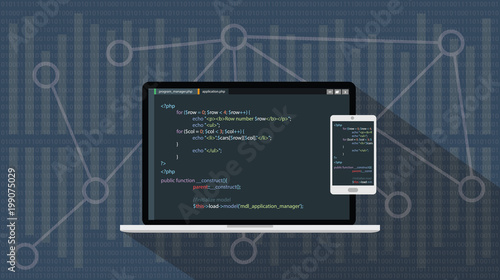 php hypertext preprocessor programming language with laptop notebook and smartphone
