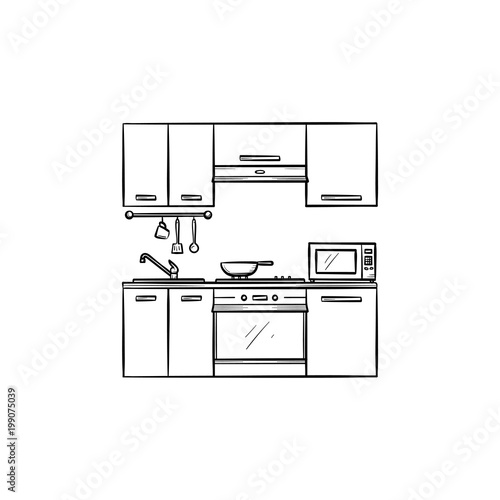 Kitchen interior hand drawn outline doodle icon. Furniture for kitchen interior vector sketch illustration for print, web, mobile and infographics isolated on white background.