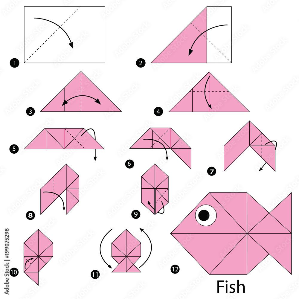 step by step instructions how to make origami A Fish Stock Vector