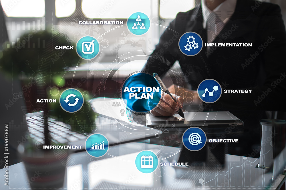 Action plan on the virtual screen. Planning concept. Business strategy. Action plan on the virtual screen. Planning concept. Business strategy.