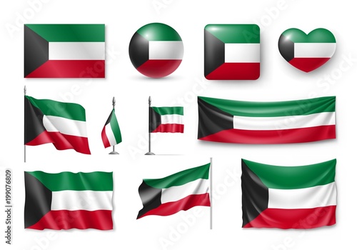 Free Download Set Kuwait flags, banners, banners, symbols, flat icon. Vector illustration of collection of national symbols on various objects and state signs - GFXLoad