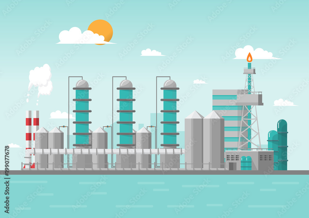 Industrial factory in the sea on flat style. Vector and illustration of manufacturing building