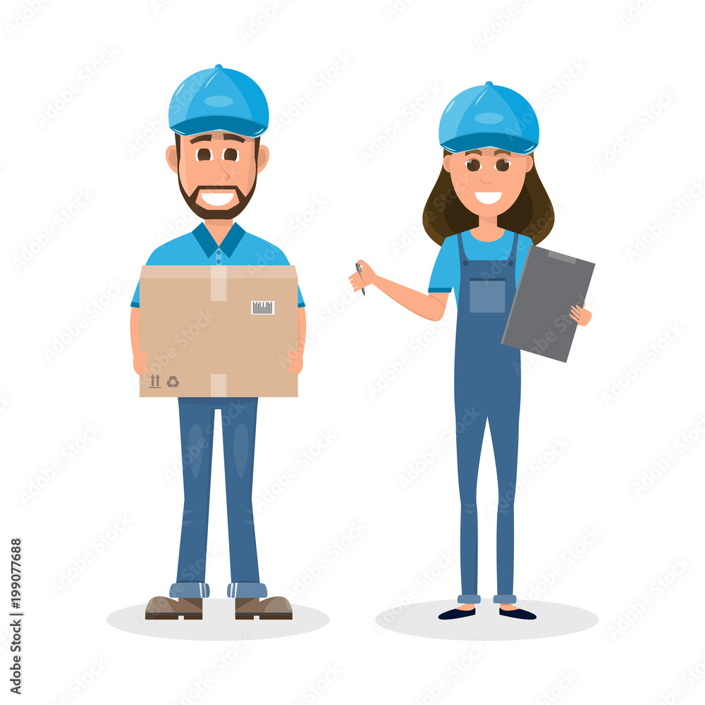 delivery man and girl with box. Postman design isolated on white background delivery man and girl with box. Postman design isolated on white background