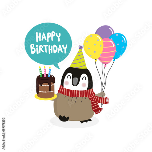 Happy birthday greeting card with cute penguins. Vector illustration. Basic RGB