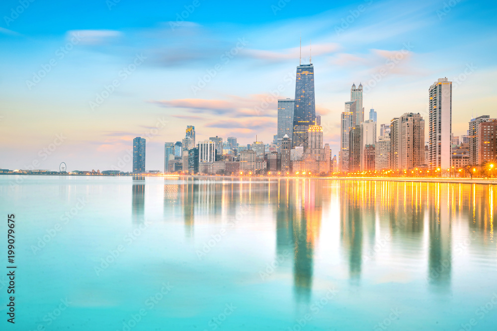 Obraz premium Downtown Chicago skyline o zachodzie słońca Illinois