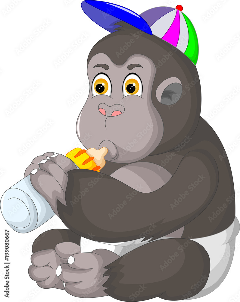 funny baby gorilla cartoon sitting with smile and drink milk Stock Vector |  Adobe Stock
