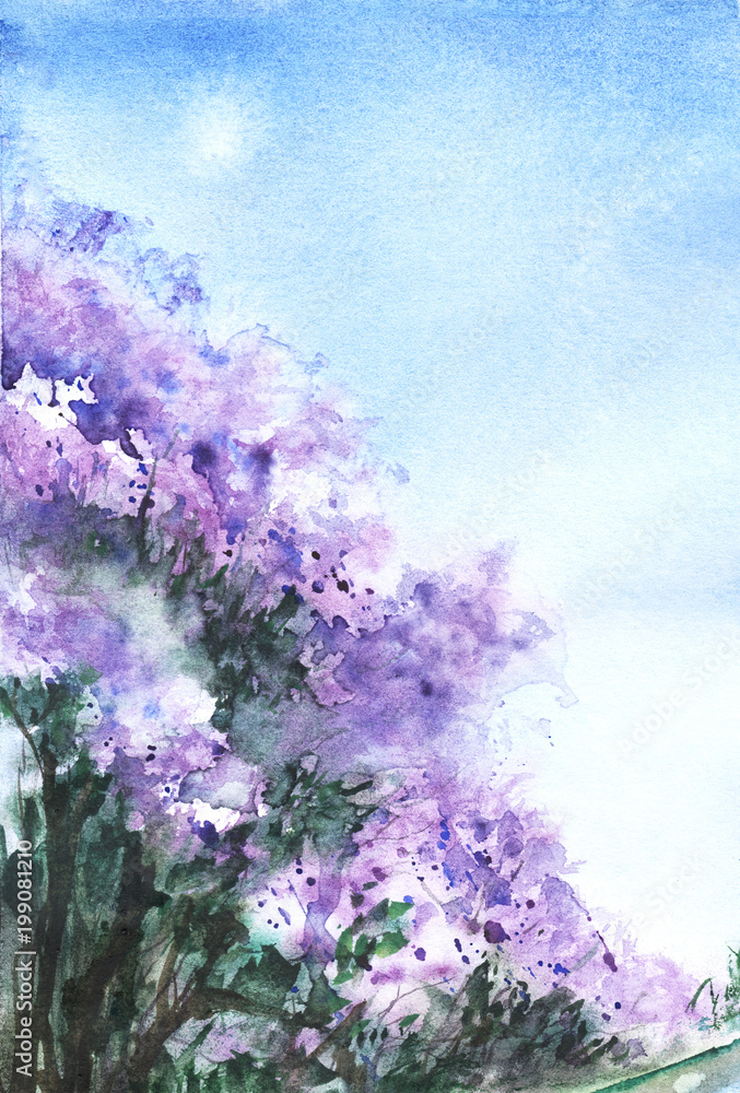 A lilac bush of lilacs grow on the bank of the canal against a clear blue sky gradient from light blue to white. Hand drawn on a wet paper real watercolor Illustration.