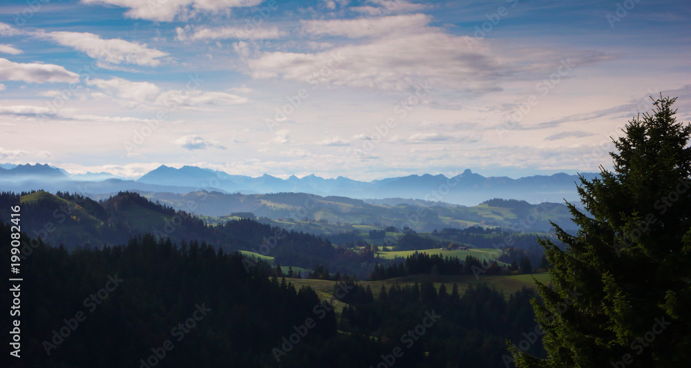 panoramic mountain landscape in high summer in the central Alps of Switzerland