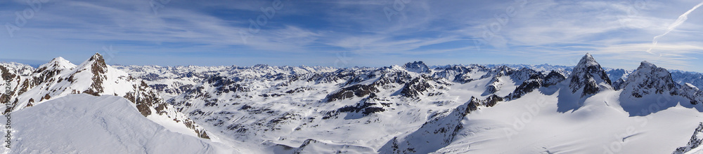 panorama view of winter mountain landscape in the Swiss Alps near Klosters