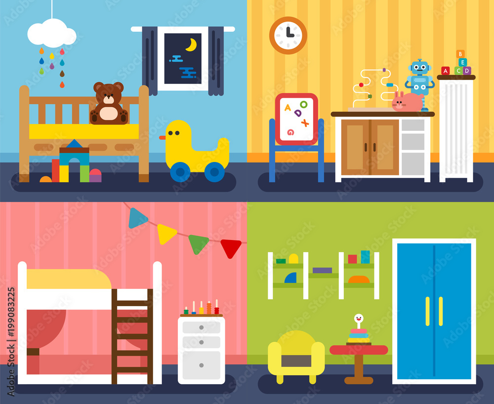 four kind of children room. vector flat design illustration set 