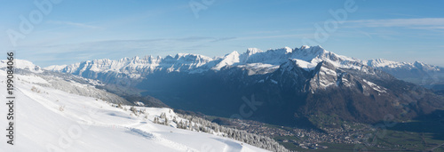 wonderful view of green valley and white mountain landscape in the Swiss Alps in deep winter © makasana photo
