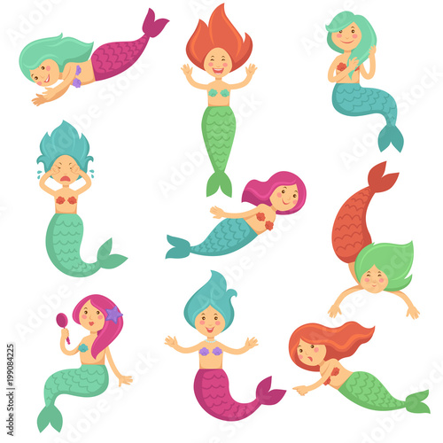 Mermaid cartoon funny cute characters vector isolated kid design icons set