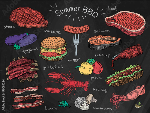 beautiful illustration summer bbq food, ribs, sausage, beef, steak, eggplant, burger, bacon, vegetables, herbs, mushroom, hot dog, lobster, calamari, ketchup, salmon, pepper on chalkboard background