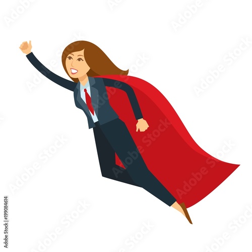 Superwoman or super woman office manager flying with hand up vector cartoon character icon