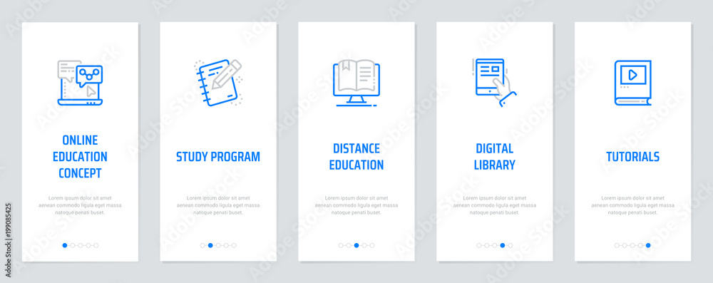 Online education concept, Study program, Distance education, Digital library, Tutorials Vertical Cards with strong metaphors.