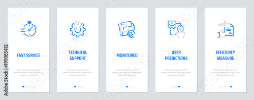 Fast service, Technical support, Monitored, User predictions, Efficiency measure Vertical Cards with strong metaphors.