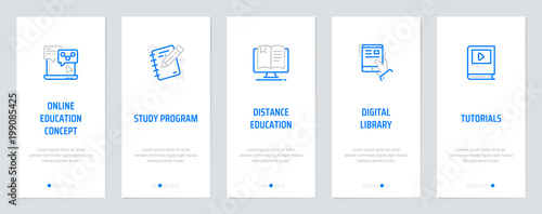 Online education concept, Study program, Distance education, Digital library, Tutorials Vertical Cards with strong metaphors.