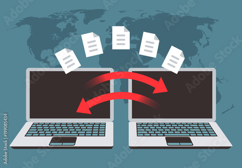 Information exchange between computers. File transfer, data management and backup files vector concept