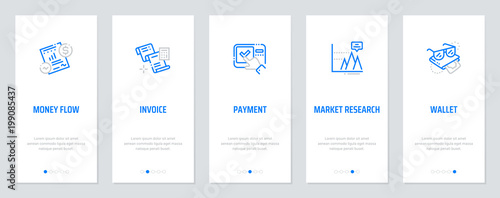Money flow, Invoice, Payment, Market research, Wallet Vertical Cards with strong metaphors.