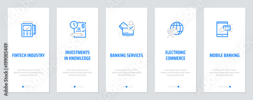 Fintech industry, Investments in knowledge, Banking services, Electronic commerce, Mobile banking Vertical Cards with strong metaphors.