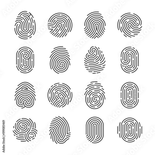 Fingerprint detailed icons. Police scanner thumb vector symbols. Identity person security id pictograms photo