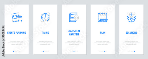 Events planning, Timing, Statistical analysis, Plan, Solutions Vertical Cards with strong metaphors.
