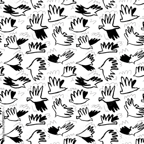 Doodle dove birds seamless pattern. Background with funny flying animals in the sky. Vector illustration