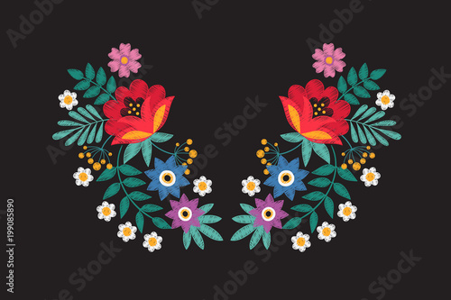 Collar embroidery floral design with wildflowers. Stitching detail tribal necklace with flowers isolated vector