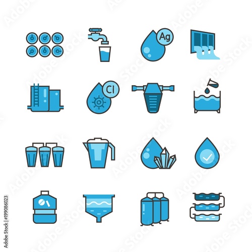Dirty effluent water treatment plant and water filter for sewage sludge vector icons set