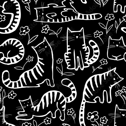 Cute cats seamless pattern. Background with hand drawn doodle kitty. Vector floral illustration