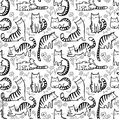 Cute cats seamless pattern. Background with hand drawn doodle kitty. Vector floral illustration