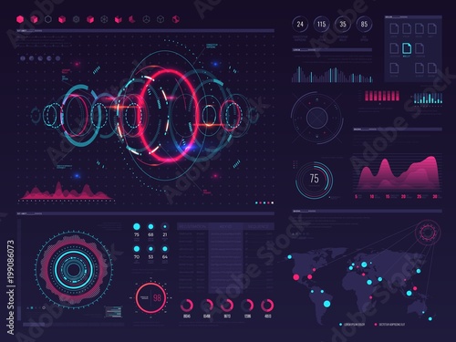 Futuristic hud digital touch screen display with visual data graphic, panels and chart vector infographic template