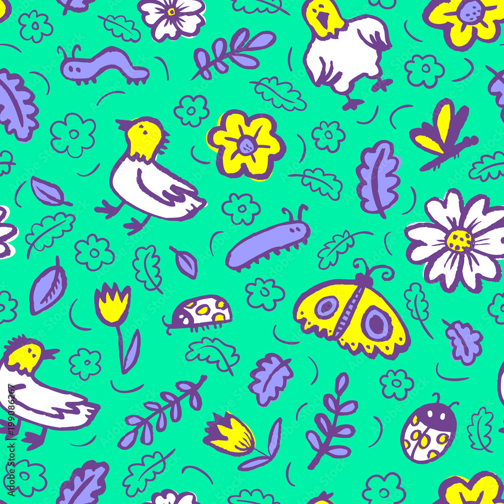 Seamless pattern with flowers and insects. Floral background with sketchy  butterfly, dragonfly, tulips