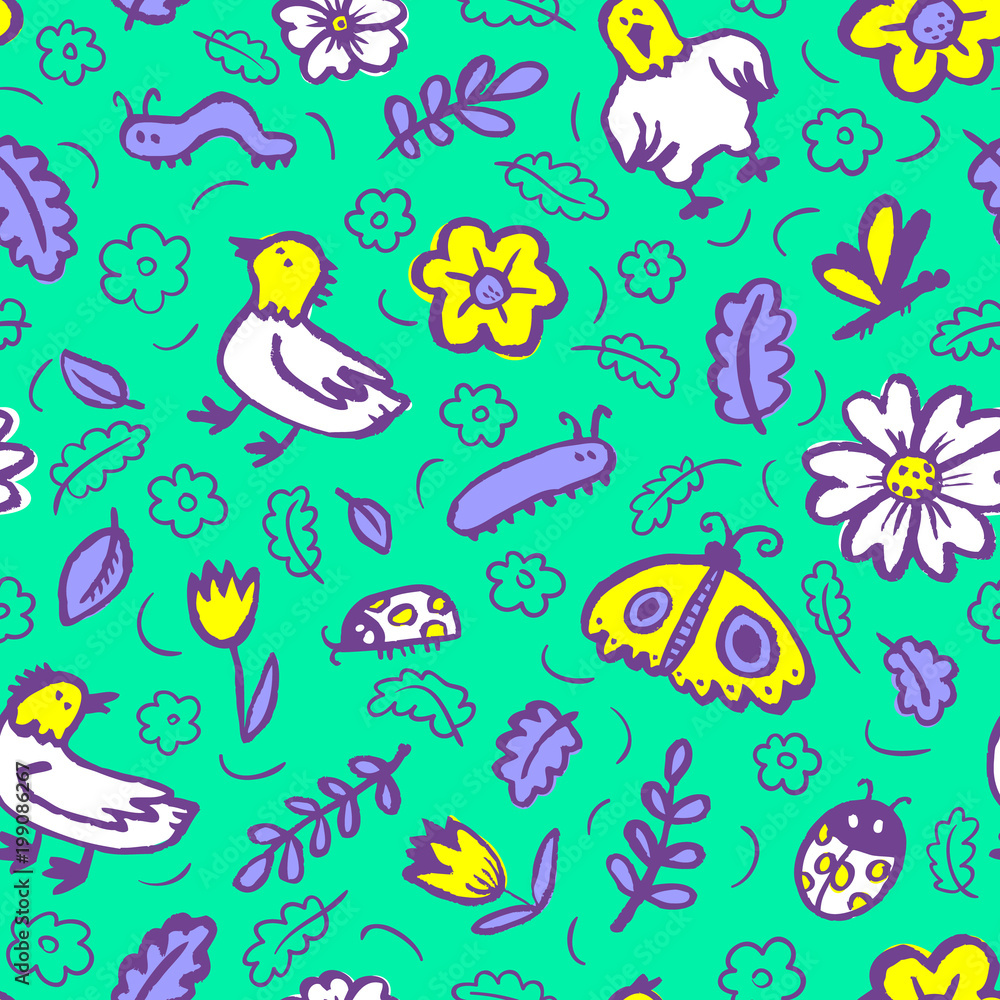 Seamless pattern with flowers and insects. Floral background with sketchy butterfly, dragonfly, tulips Seamless pattern with flowers and insects. Floral background with sketchy butterfly, dragonfly, tulips
