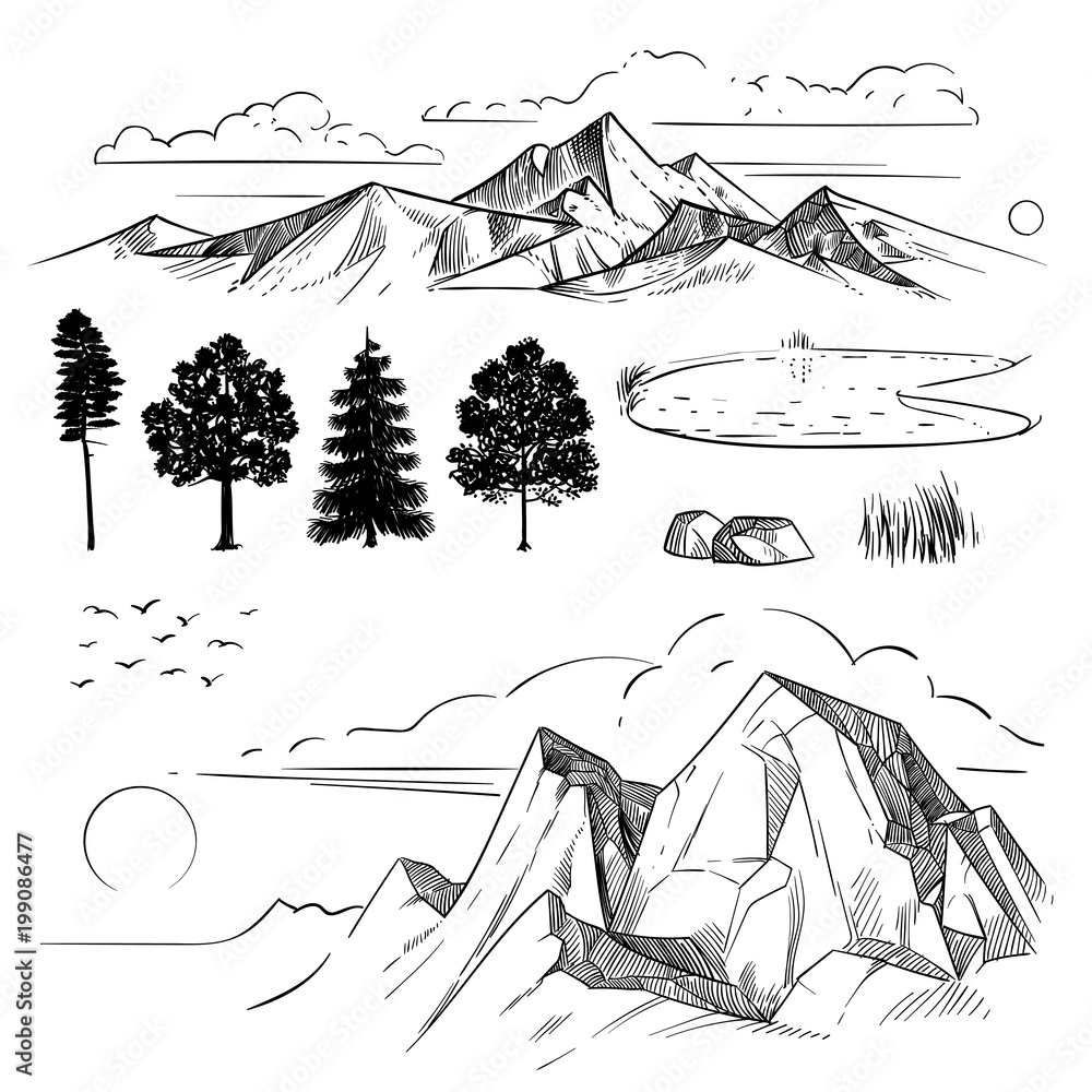 Plakat Hand drawing mountain range, peaks clouds, sun and forest trees. Retro mountains and landscape elements isolated