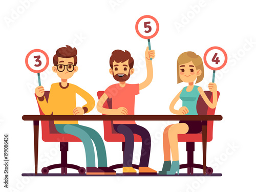 Jury judges holding scorecards. Quiz people show competition vector concept