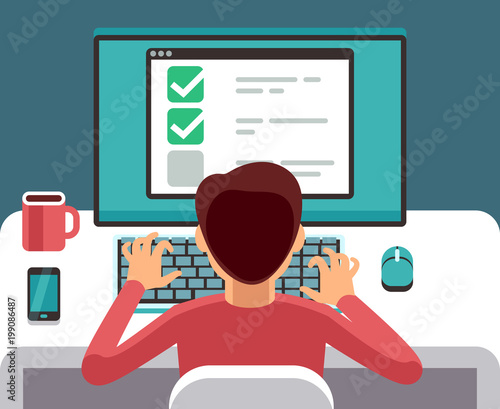 Man at computer filling online questionnaire form. Survey vector flat concept