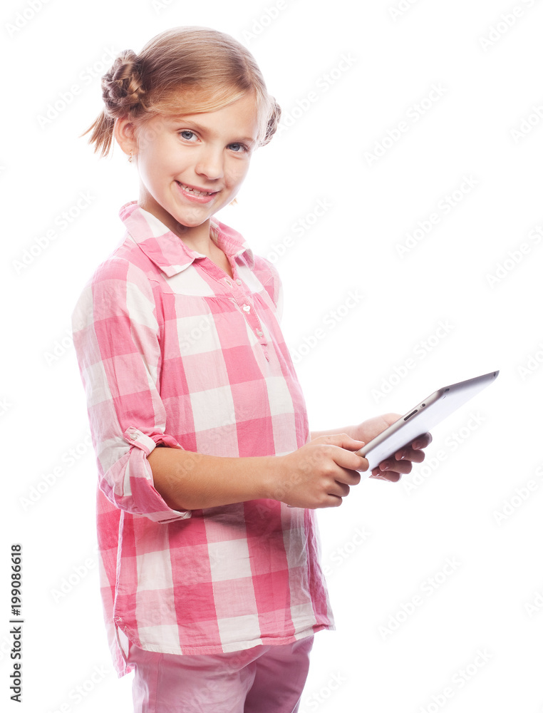 technology, people and education concept - little girl with tablet computer technology, people and education concept - little girl with tablet computer