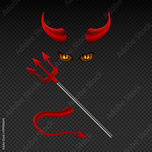 Devil horns, harpoon, satanic yellow eyes and tail isolated vector photobooth props for hell party