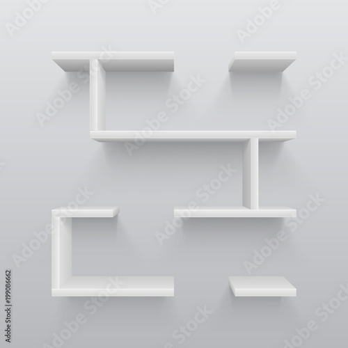 White plastic 3d shelves with light shadow on wall. Simplicity in interior design vector illustration