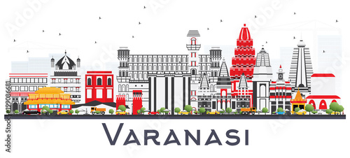 Varanasi India City Skyline with Color Buildings Isolated on White.
