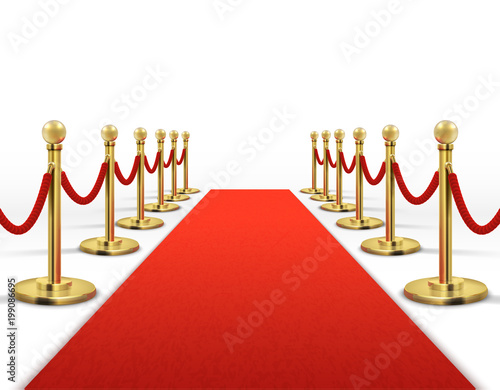 Red carpet for celebrity with gold rope barrier. Success, prestige and hollywood event vector concept