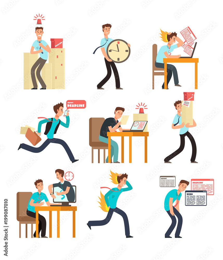 Stressed office people for deadline and time management concept. Businessman under deadline workload. Vector characters Stressed office people for deadline and time management concept. Businessman under deadline workload. Vector characters