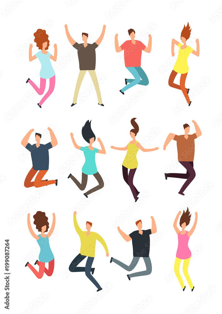 Happy jumping people. Excited man and woman in jump. Flying persons vector characters isolated
