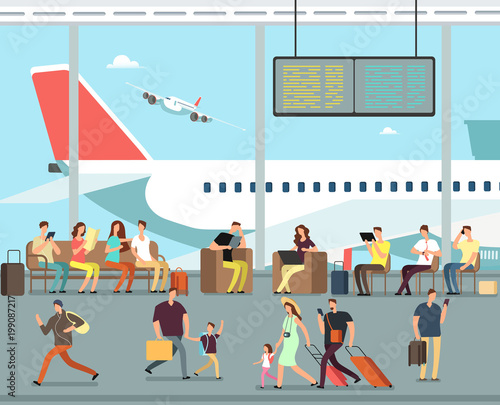 International airport terminal with sitting and walking people. Men and women, families with kids go on summer vacation